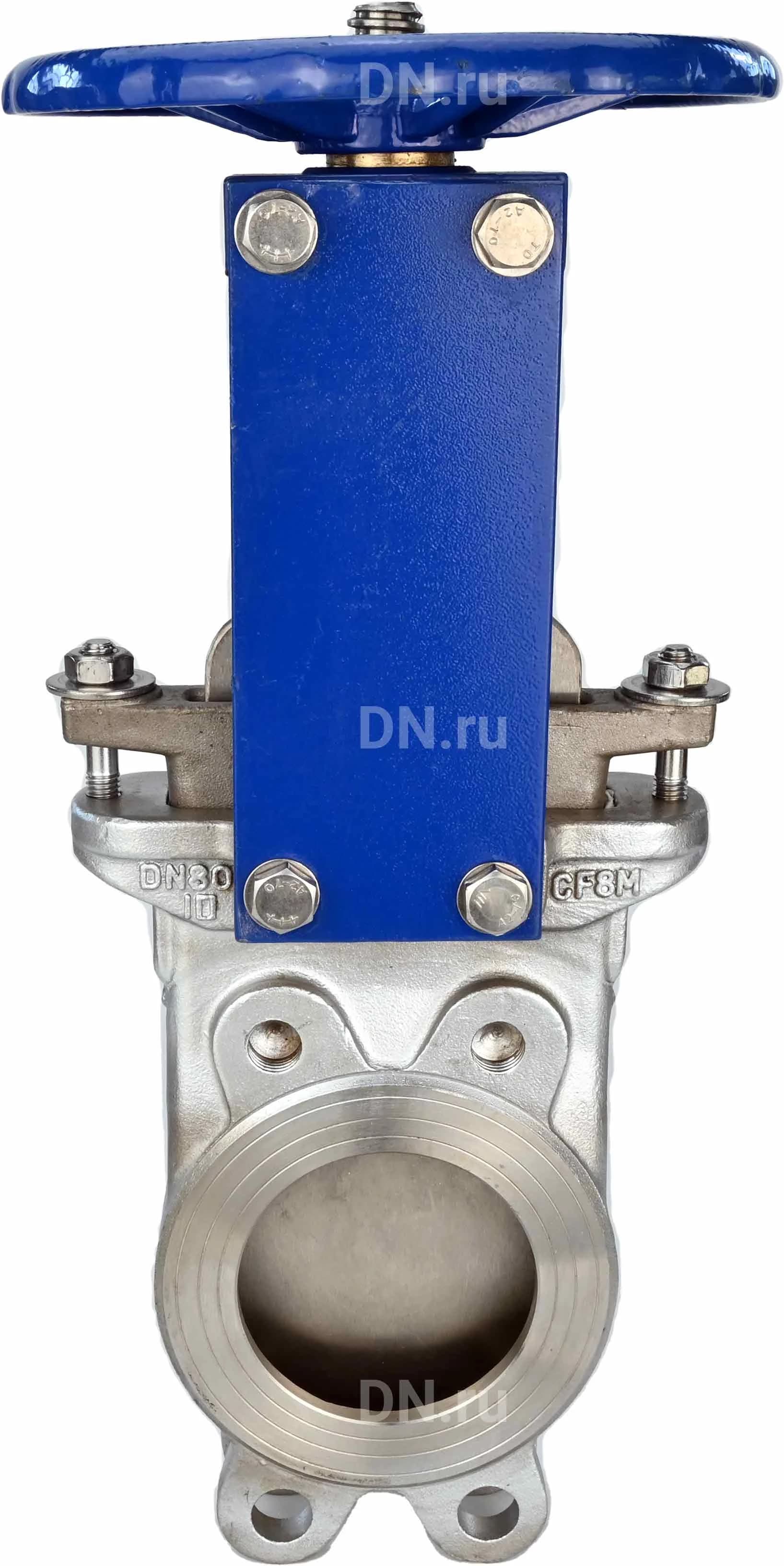 Задвижка шиберная DN.ru Ду80 Ру10 односторонняя, межфланцевая, шпиндель - выдвижной, корпус - нержавеющая сталь CF8M/AISI 316, шибер - нержавеющая сталь 316, уплотнение - EPDM, управление - штурвал (GVKR3232E-1W-Fb-S)